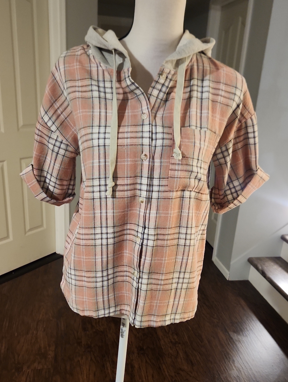 NWT Hem & Thread Pink Plaid Button Down Rolled Sleece Hooded Top